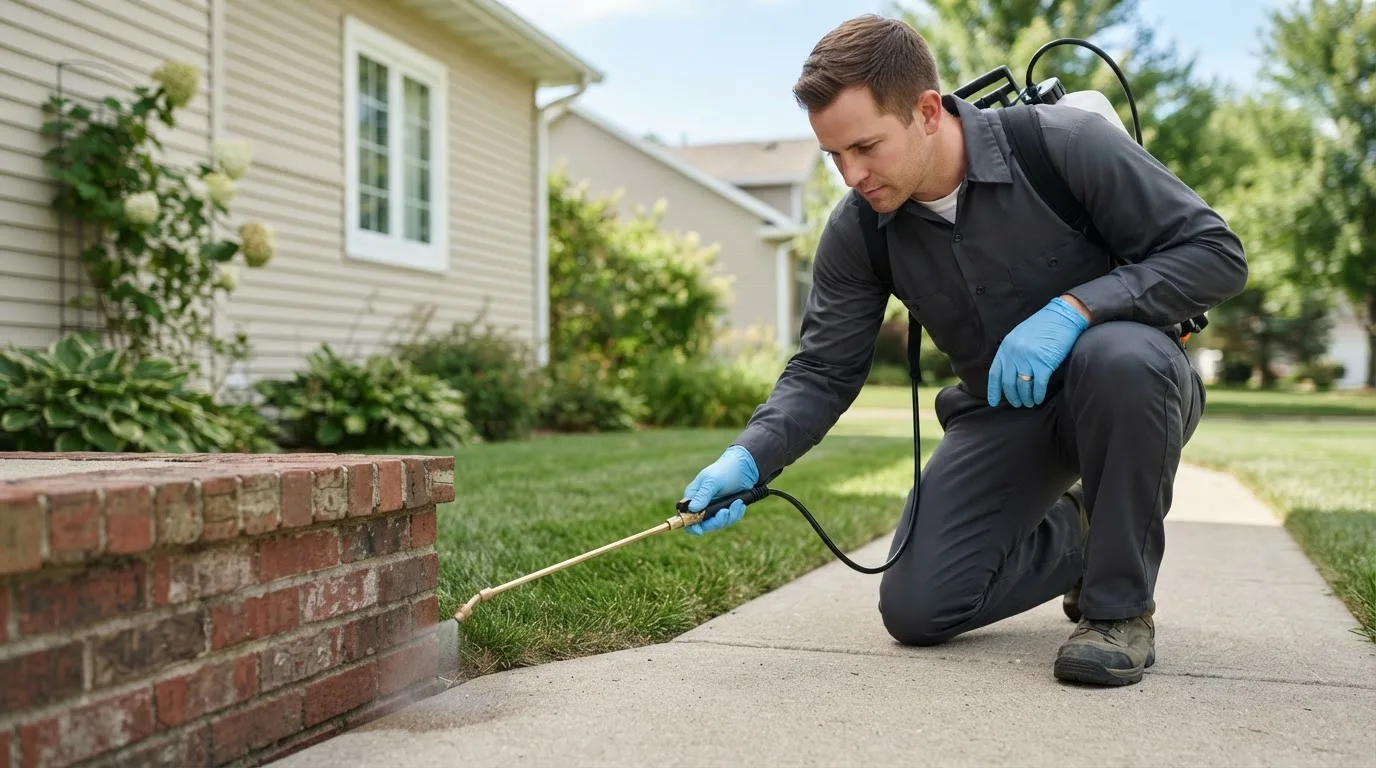 Pest control technician treating a home near Wessington Springs, SD
